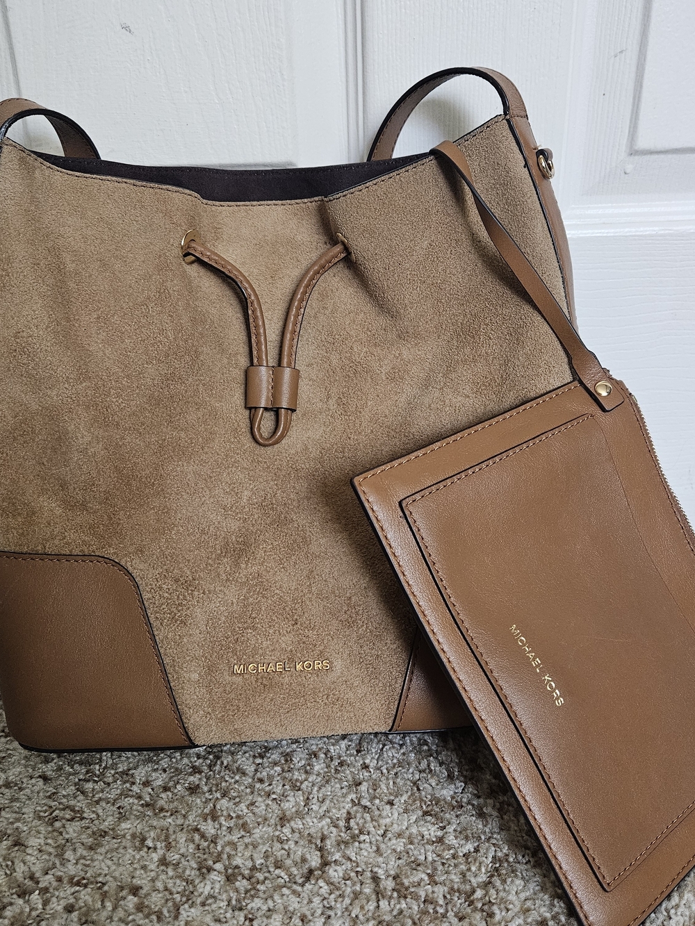 Michael Kors Cary Tan Brown Suede and Leather Drawstring Tote with Pouch